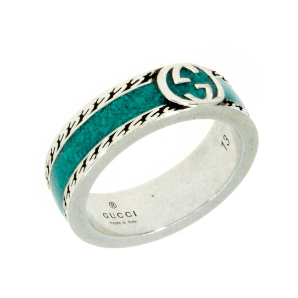 Gucci Ring with Interlocking G in Silver with Turquoise Enamel - Chicago Pawners & Jewelers