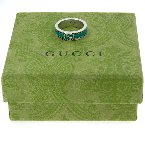 Gucci Ring with Interlocking G in Silver with Turquoise Enamel - Chicago Pawners & Jewelers