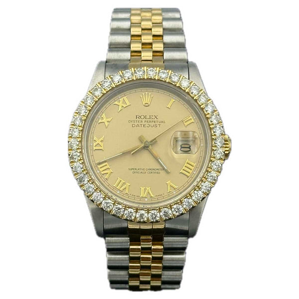 Rolex Datejust 36 SS/18K Champagne Roman Dial Diamond Bezel