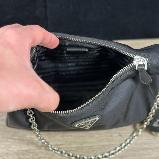 Prada Black Nylon Silver Chain Pochette Small Top Handle Shoulder