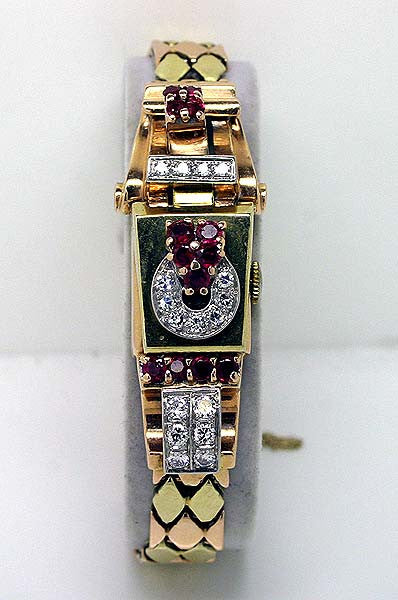 Retro Pink & Green Gold Diamond & Ruby Watch - Chicago Pawners & Jewelers