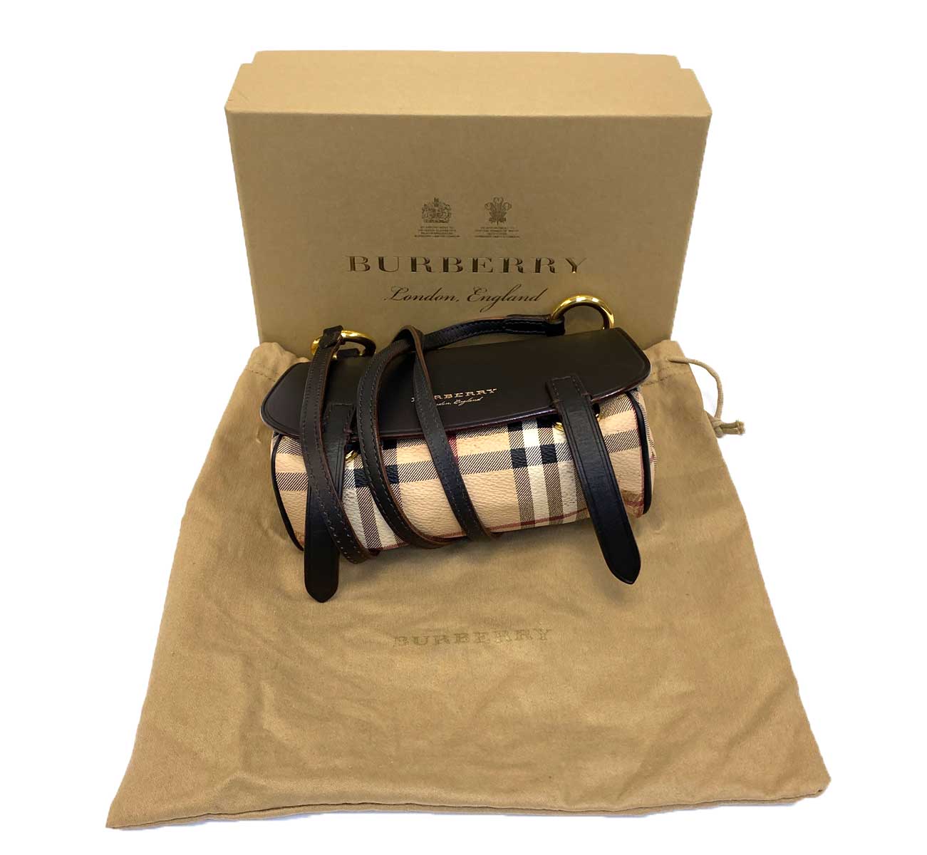 Burberry The Bridle Bag In Leather And Haymarket Check Natural