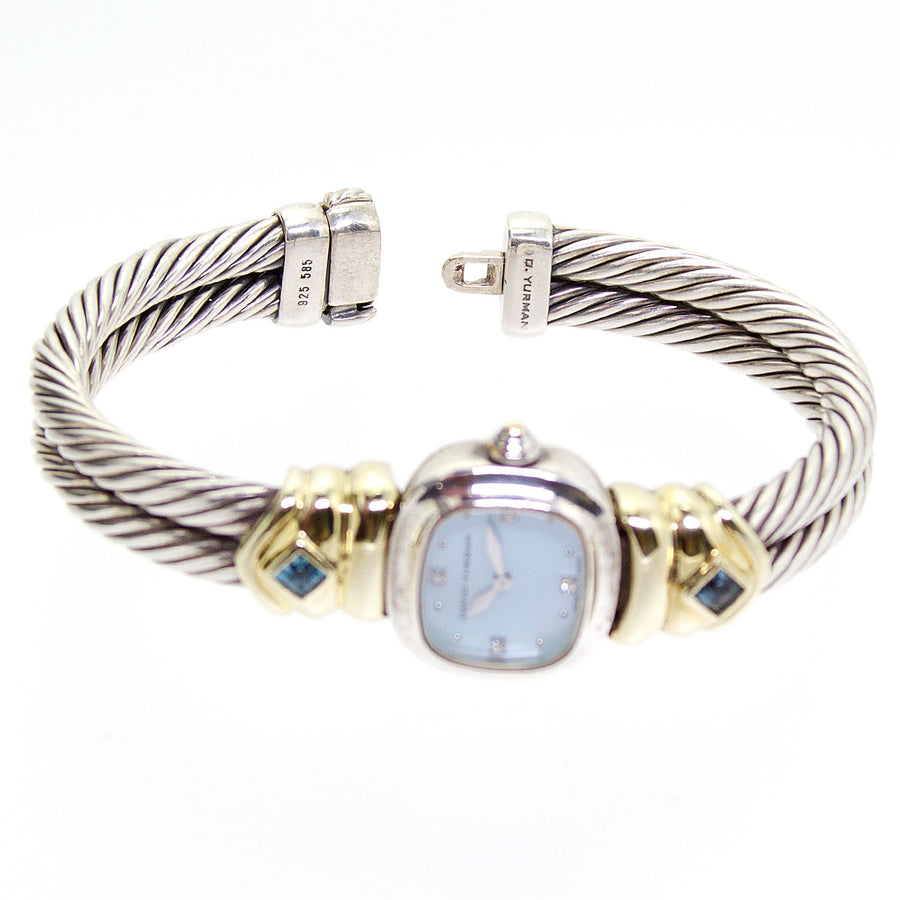 David Yurman Diamond & Blue Topaz Double Cable Bangle Watch - Chicago Pawners & Jewelers