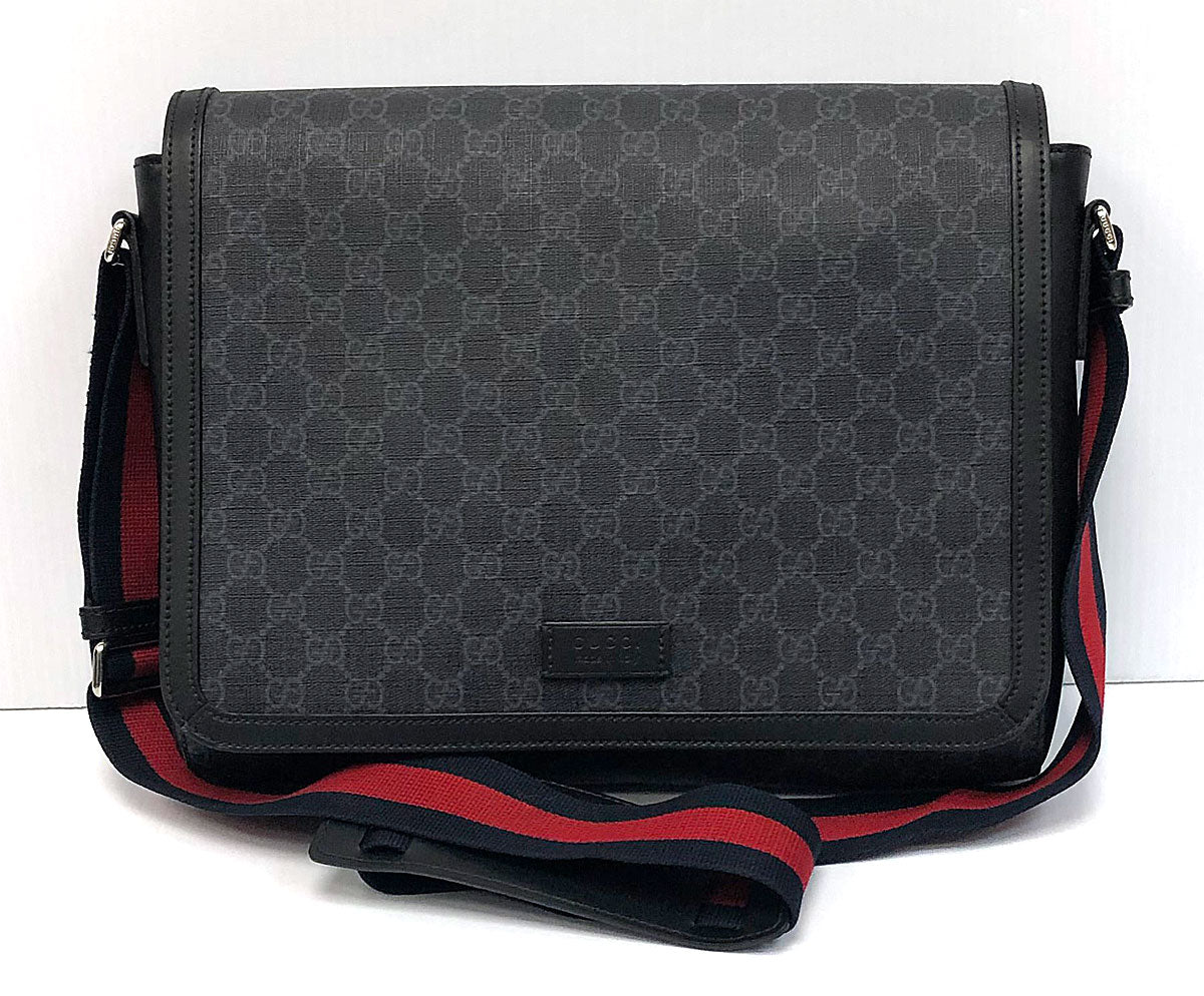 Gucci GG Supreme Monogram Web Flap Messenger Bag Black 