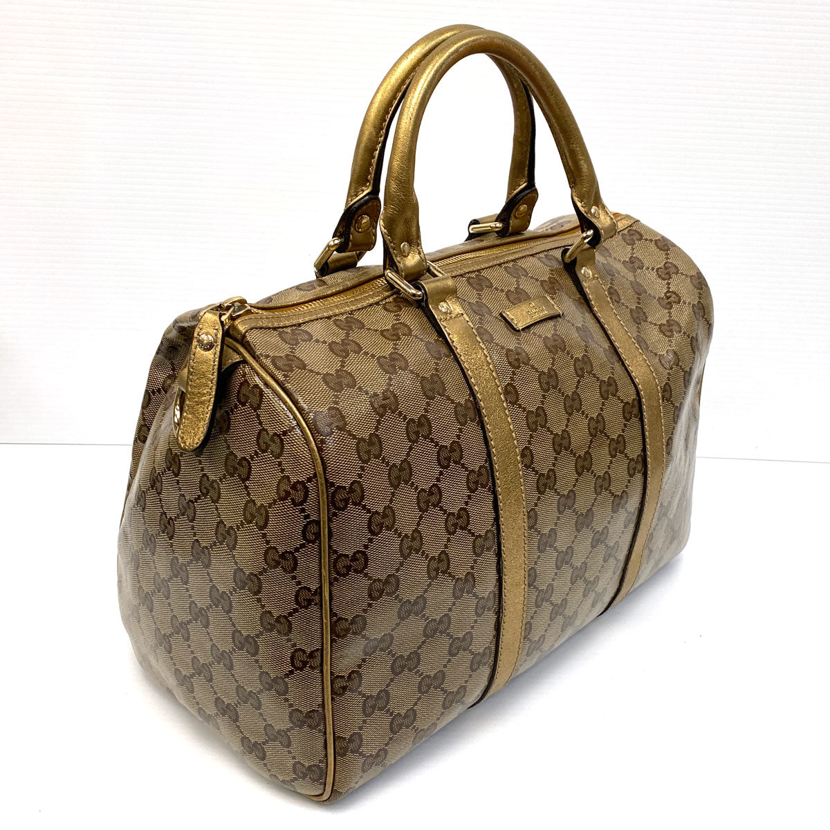 Gucci Boston Monogram Gg Crystal Joy 5a610 Brown Gold Coated Canvas Satchel  For Sale at 1stDibs