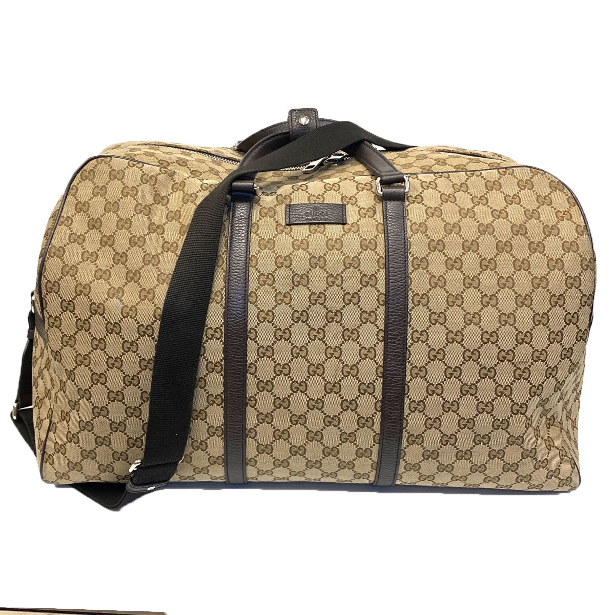Gucci Large GG Logo Beige Canvas Brown Leather Strap Duffle Bag