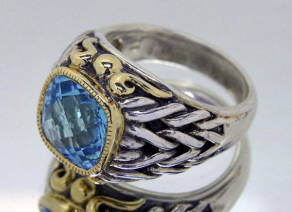 Designer Silver & 18KT Gold Blue Topaz Ring - Chicago Pawners & Jewelers